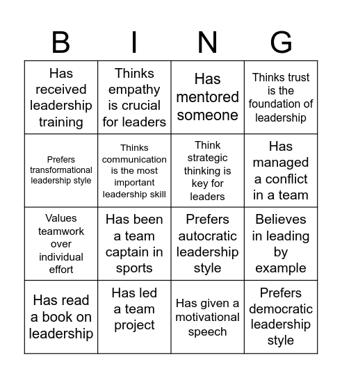 Leadership Bingo Card