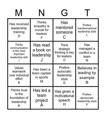 Leadership Bingo Card