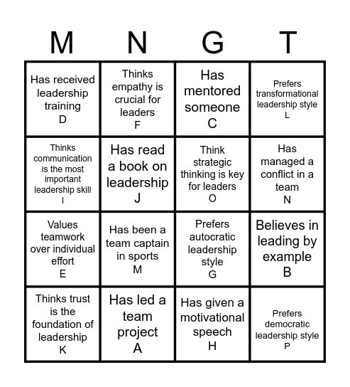 Leadership Bingo Card