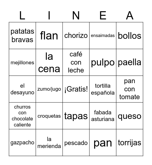 Las comidas españolas Bingo Card