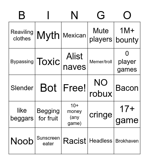 Roblox Bingo Card