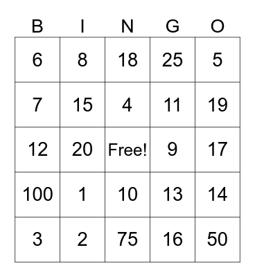 KINDERGARTEN BINGO Card