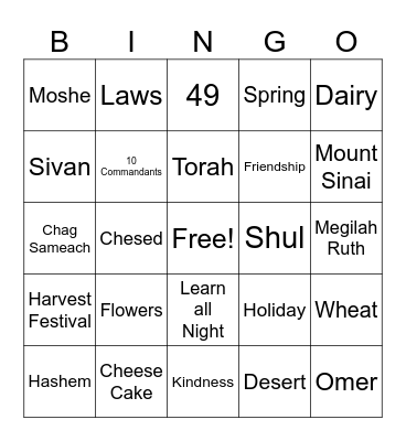 Shavuot Bingo Game Bingo Card