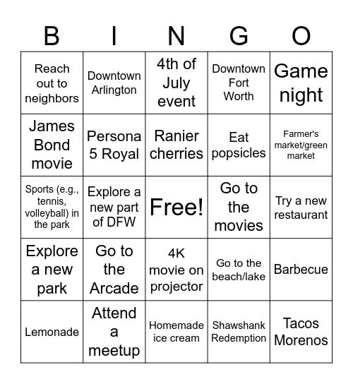 Summer Fun Bingo Card