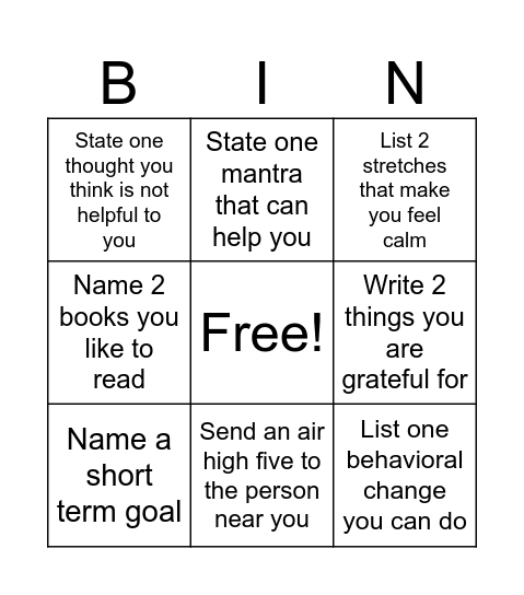 Mental Health Bingo Card