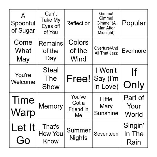 Round 2 - Showtune Favorites Bingo Card