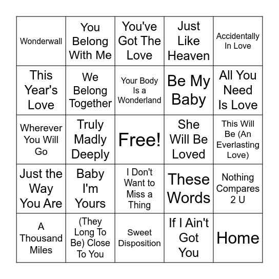 Round 3 & 4 - Love Songs Bingo Card