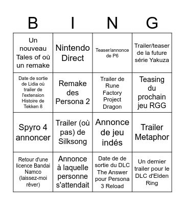 Summer Games Fest Bingo Card