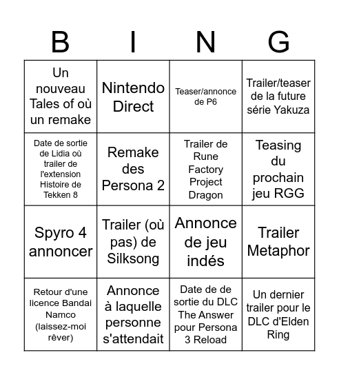 Summer Games Fest Bingo Card