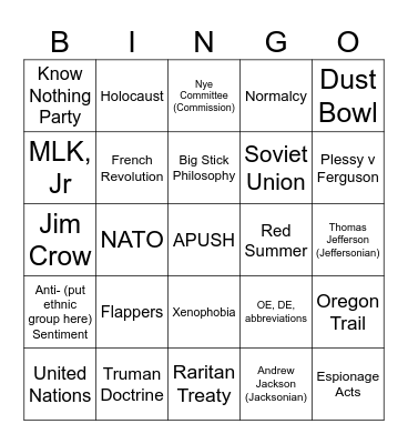 Day 4 APUSH BINGO Card