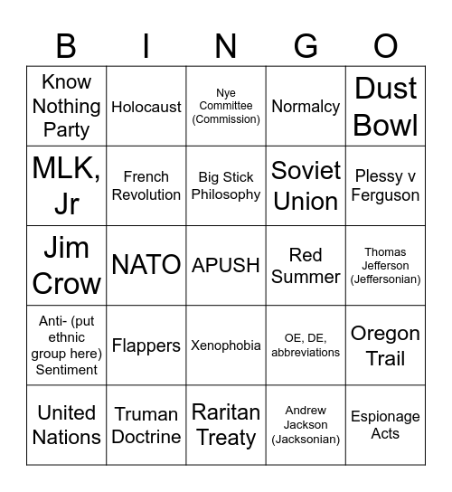 Day 4 APUSH BINGO Card