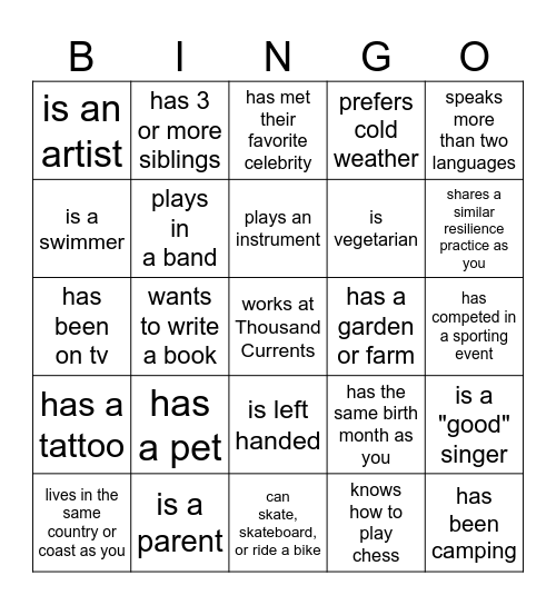 Thousand Currents Connections Bingo Card