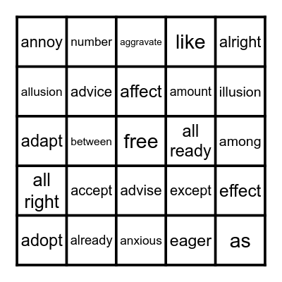 Commonly Confused Words Bingo Card