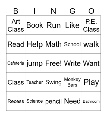 School Bingo Card