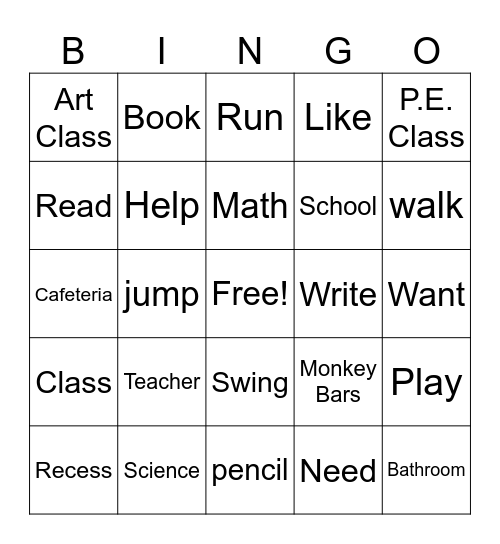 School Bingo Card