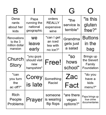 Sievert Family Bingo Card