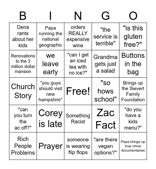 Sievert Family Bingo Card