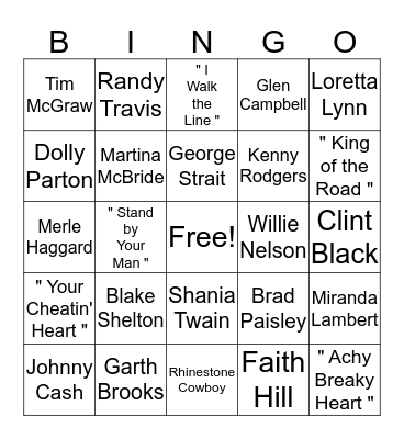 Country Music Bingo Card