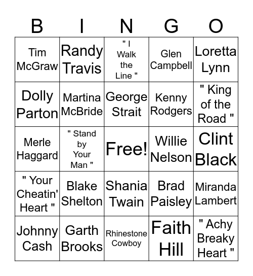 Country Music Bingo Card