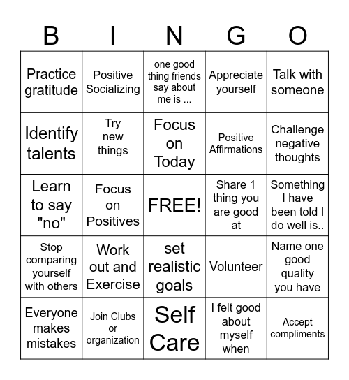 Self Esteem Bingo Card