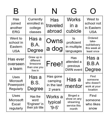 Networking Bingo Card