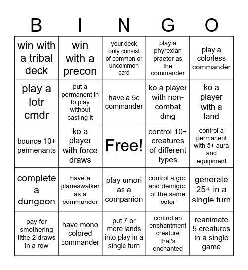 commander theme night Bingo Card