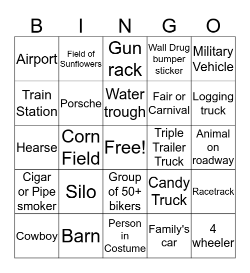 Roadside Bingo Card