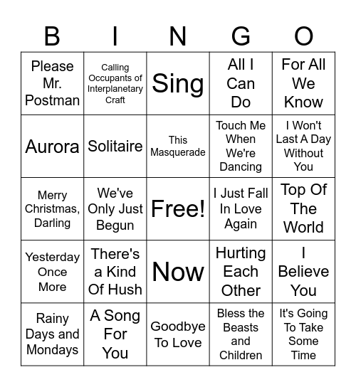 Carpenters Bingo Card