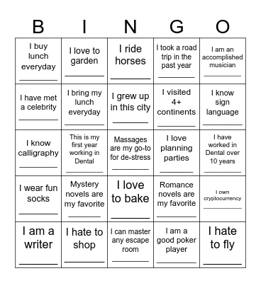 Dental Get to Know You Blackout Bingo Card