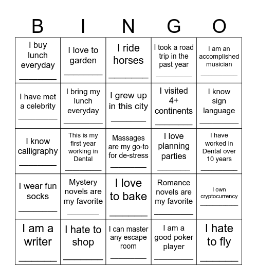 Dental Get to Know You Blackout Bingo Card