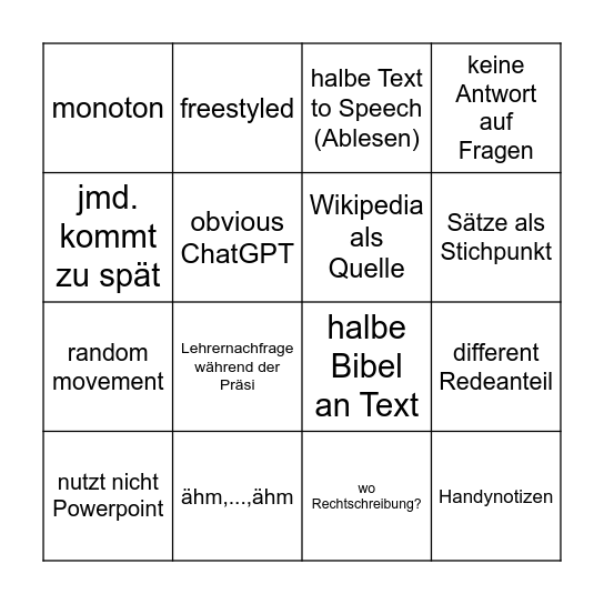 Präsentations Bingo Card