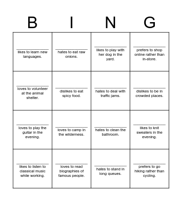 ACTIVITES! Bingo Card