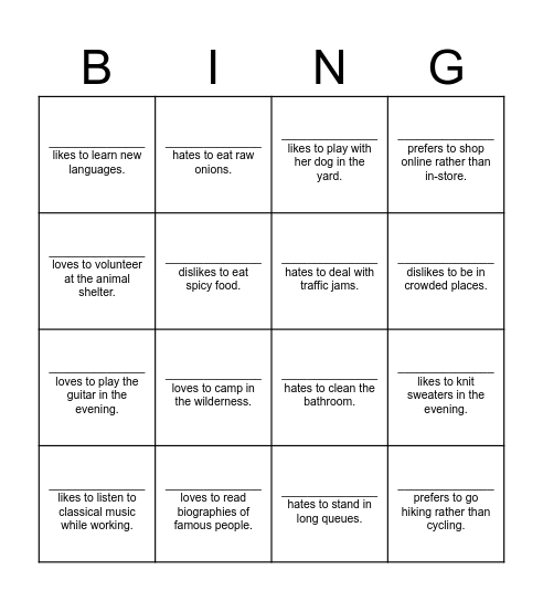 ACTIVITES! Bingo Card