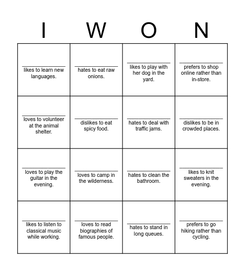 ACTIVITES! Bingo Card