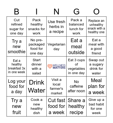 Nutrition Bingo Card