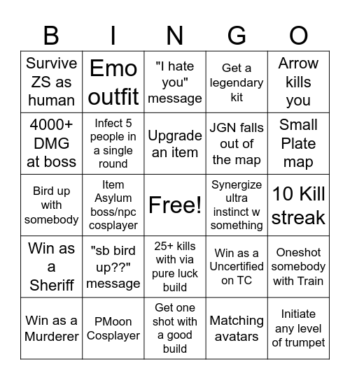 Item Asylum Bingo welebolso Bingo Card