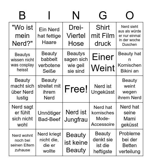 Beauty and the Nerd Bingi Bingo Card