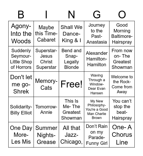 Joe Knows Broadway Bingo Card