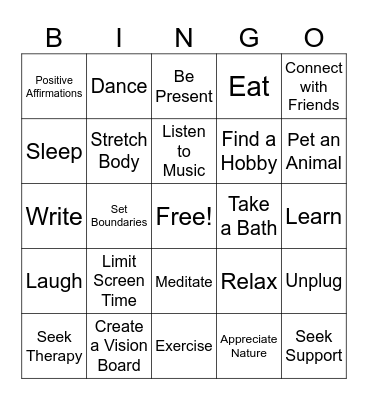 Self Care Stratagies Bingo Card