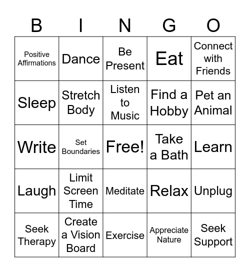 Self Care Stratagies Bingo Card