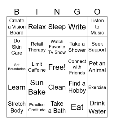 Self Care Stratagies Bingo Card