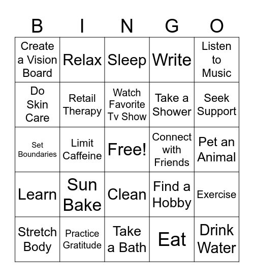 Self Care Stratagies Bingo Card