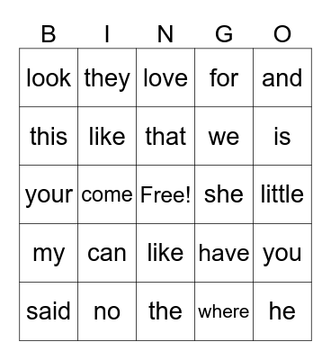 Sight Words Kindergarten Bingo Card