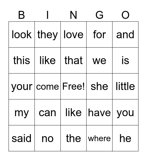 Sight Words Kindergarten Bingo Card
