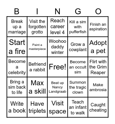 Sims Bingo Card