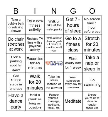 Physical Activity Bingo Card