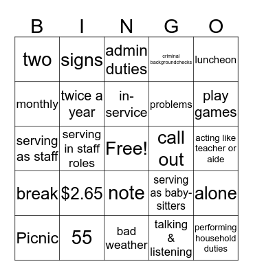 Foster Grandparent Knowledge  Bingo Card