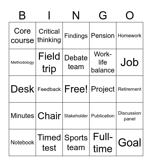 Academic and professional vocabulary Bingo Card