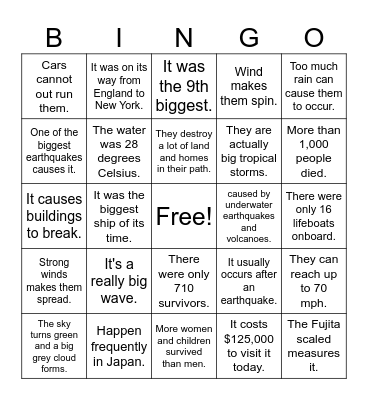 Natural Disasters Bingo Card
