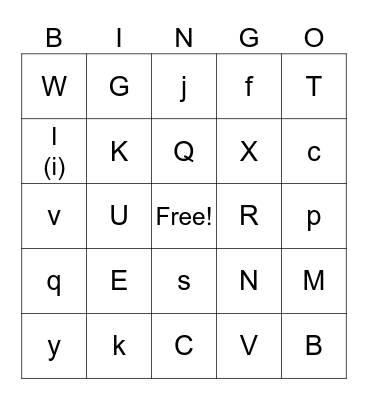 Upper and Lowercase Alphabet Bingo Card
